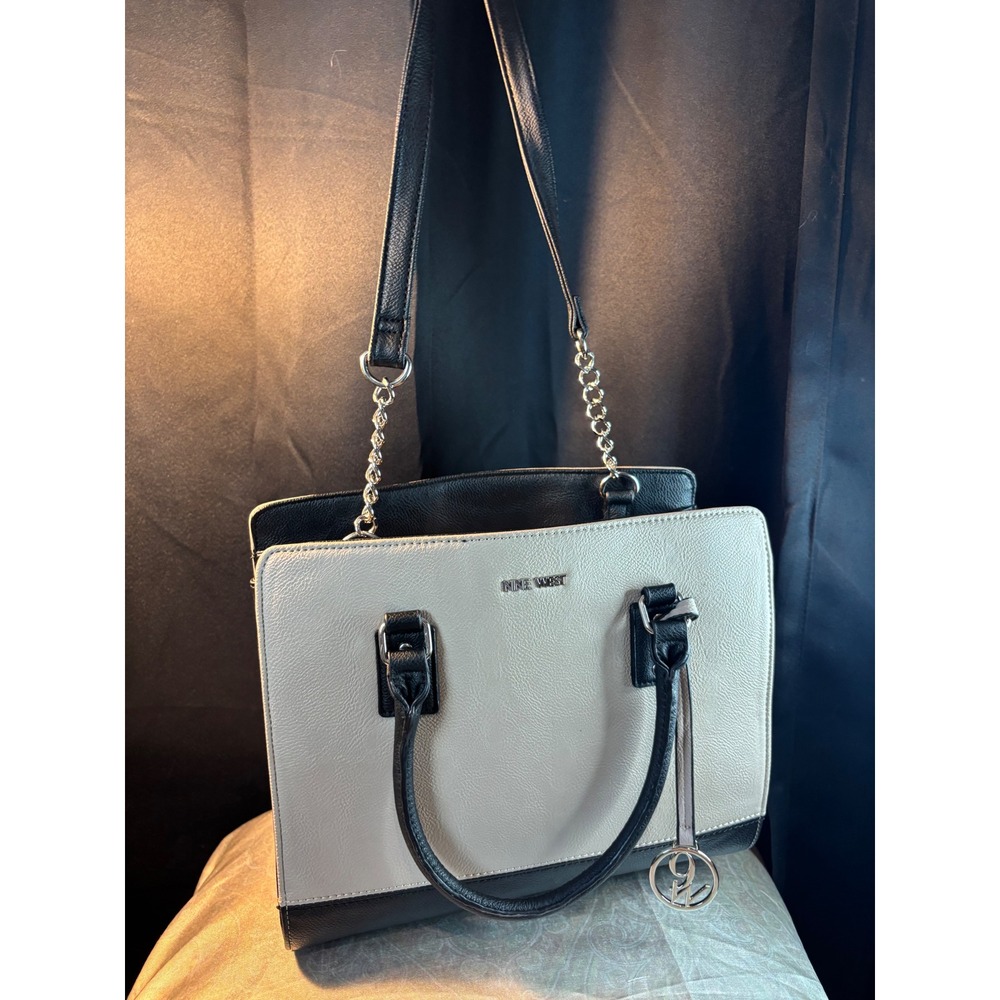 Nine West Black Cream Two Tone Satchel Handbag Silver Hardware Shoulder Bag